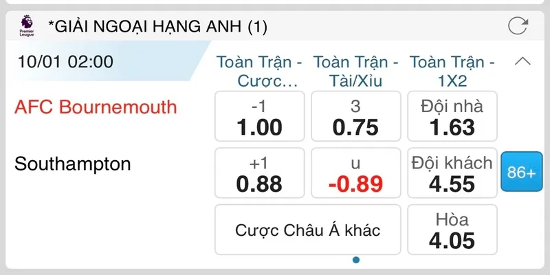 Ví dụ về cược chấp giữa Bournemouth và Southampton
